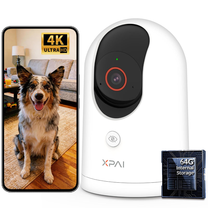 xpai 4K UHD Indoor Camera, 64G Built-in Storage No Subscription,Pet Camera Indoor with Phone App,Work as Baby Monitor/Cat/Dog Camera,360°Pan&Tilt,Two-Way Talk,Privacy Mode,AI Tracking/Detection