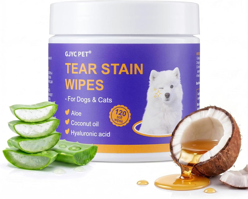 Tear Stain Remover Wipes for Dogs & Cats, Extra Thick Dog Eye Wipes with Coconut Oil, Probiotics & Aloe - Natural Pet Fa