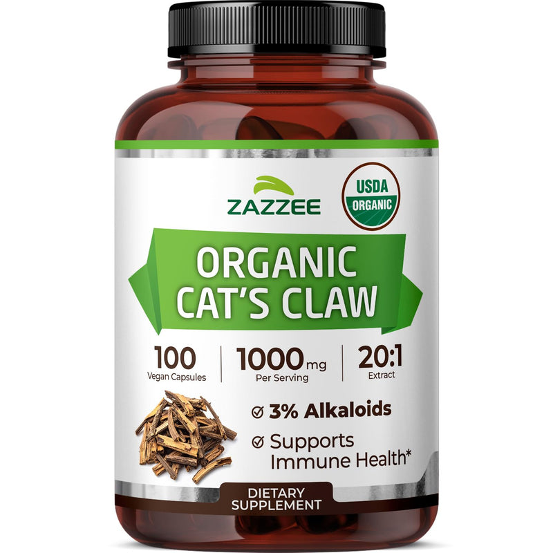 Zazzee USDA Organic Cat’s Claw 20:1 Extract, 1000 mg per Serving, 3% Alkaloids, 100 Vegan Capsules, Uncaria Tomentosa, Immune, Joint & Antioxidant Support, All-Natural, Non-GMO, Made in the USA