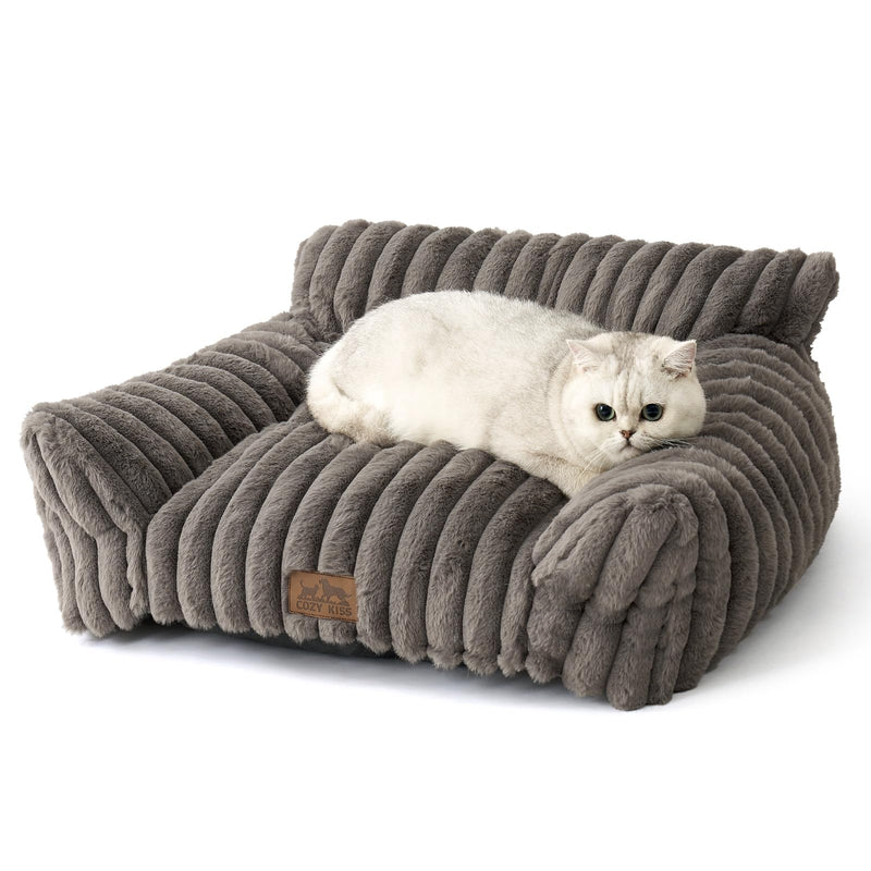 COZY KISS Cute Cat Couch, Fluffy Sofa Bed for Cats and Small Dogs, Premium Faux Rabbit Fur Cats beds for Indoor Cat, Ultra-Soft Supportive Pet Couch Furniture (Grey, S: 25.5''x17.5'')