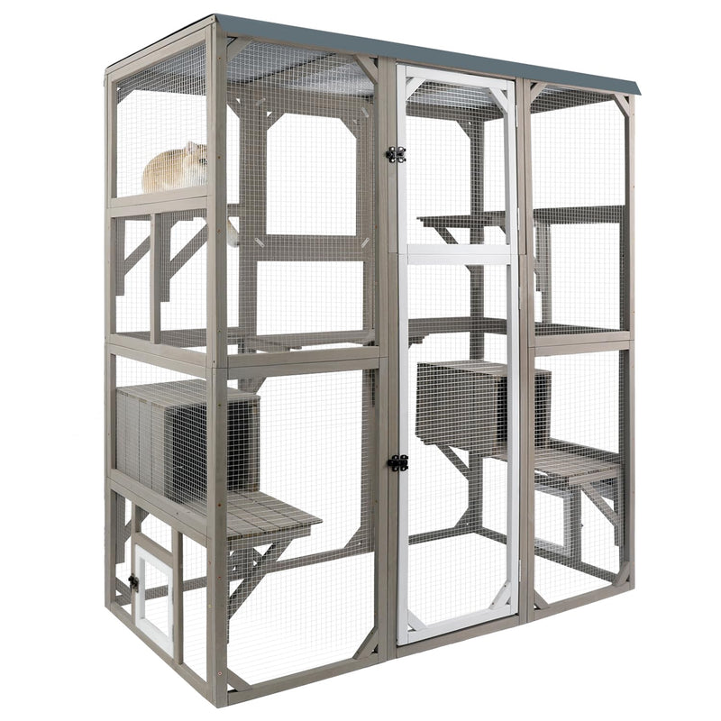 PetsCosset Outdoor Cat Catio Enclosures Large Wooden Cat House Patio for Indoor Cats Feral Cat Shelter with 2 Espace Doors, 2 Resting Rooms, 5 Platforms, Removable Waterproof Cover 67.7