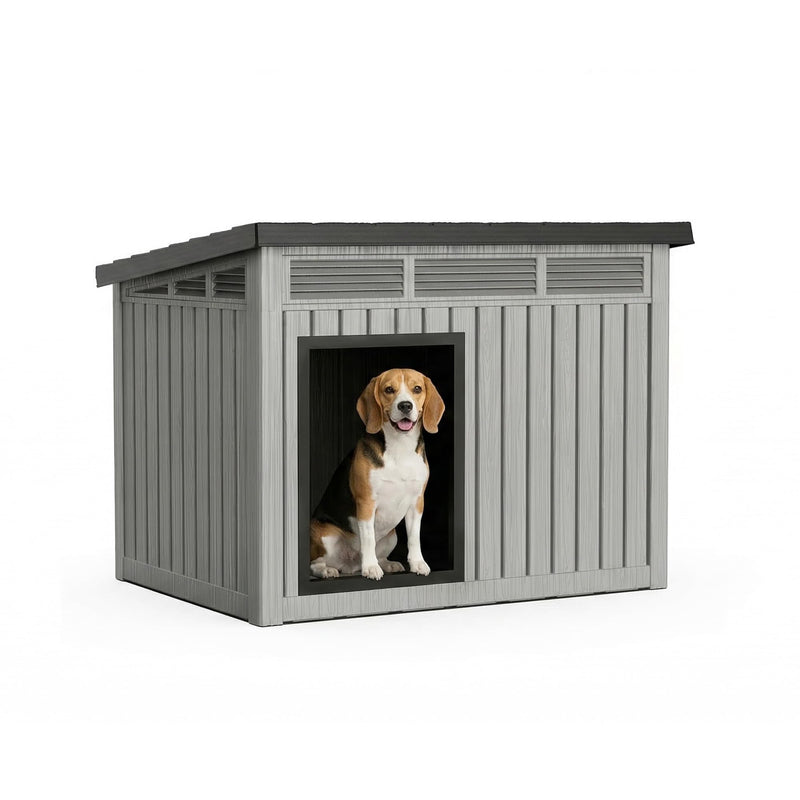 VIXZEN Dog House Outdoor, Indoor Dog House Medium Size Dog with Weatherproof PP Resin Material, Doghouse Outdoor with Openable Roof for Easy Cleaning, Sloped Roof, Air Vents, Easy Assembly (Gray)