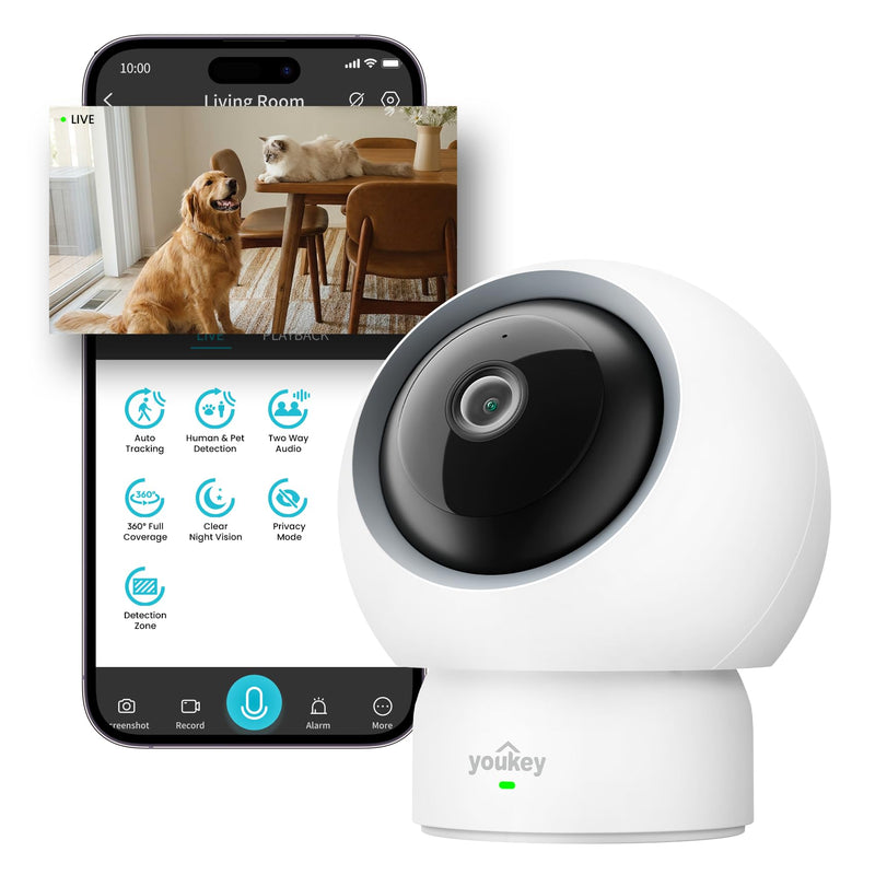 youkey 2.5K HD Indoor Pet Camera, Two-Way Audio Chat to Your Pets, 360° AI Pet Tracking, Privacy Mode, No Monthly Fees, Pet/Human Detection, Night Vision, WiFi 6(2.4GHz & 5GHz)