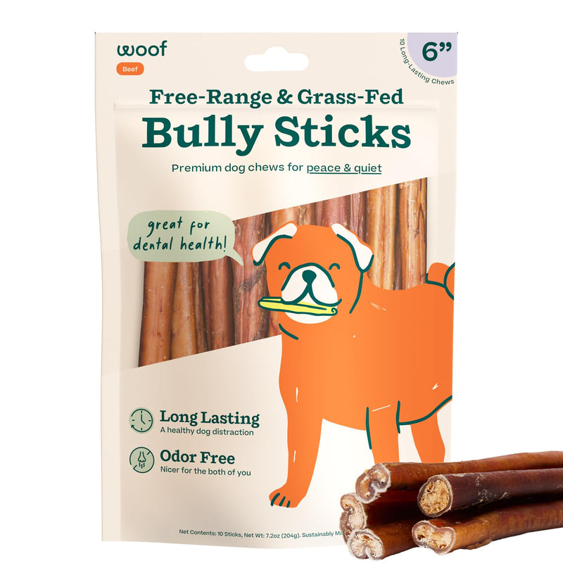 WOOF Bully Sticks Dog Treats - Chew Sticks for Dogs - Long-Lasting Dog Chew Treats - Made with Free-Range, Grass-Fed Beef - 6