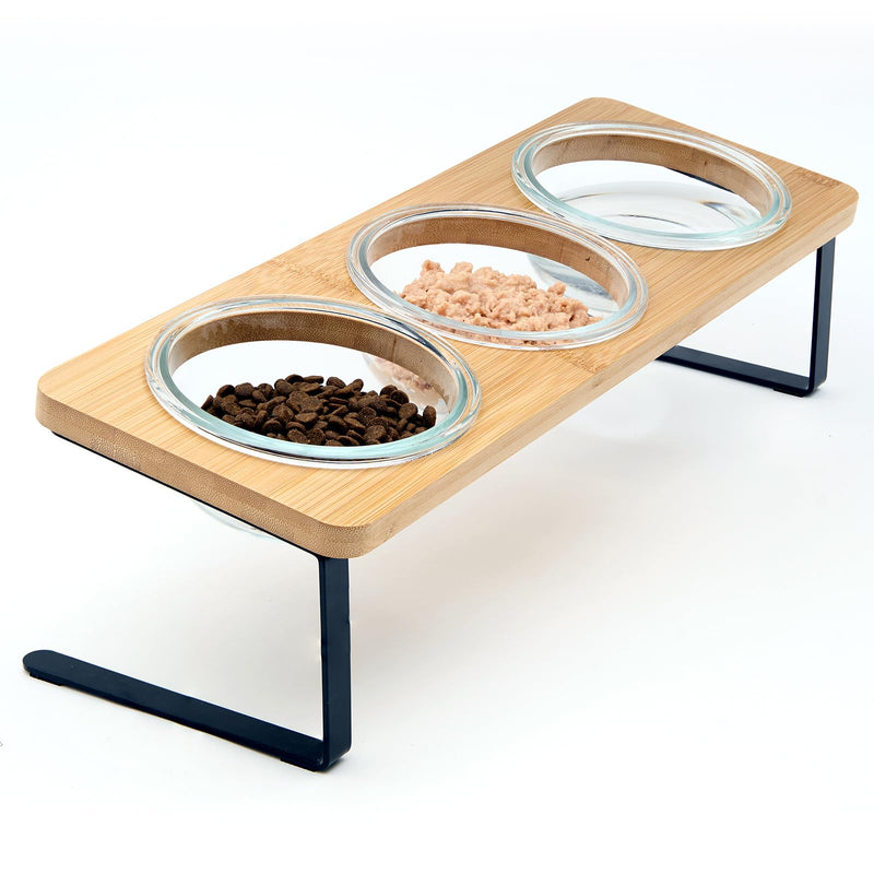 Lawfery Elevated Cat Bowls, 15° Tilted Cat Food Bowl, Includes 3 Glass Bowls, Bamboo Board, and Metal Stand for Cats and Puppies