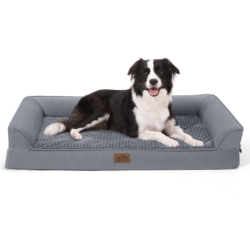 COZY KISS Orthopedic Dog Bed for Extra Large Dog, XL Pet Sofa, Bolster Foam Bed with Sides, Non-Slip and Egg-Crate Big Dog Couch Bed with Washable Removable Cover, U-Shaped, 42x30x7.5 inch, Grey