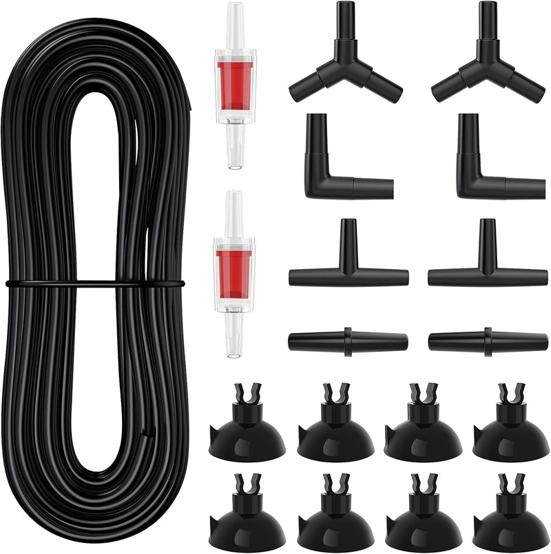 Pawfly 25 Feet Black Airline Tubing Standard Aquarium Air Pump Accessories Set with Suction Cups Connectors and Check Va