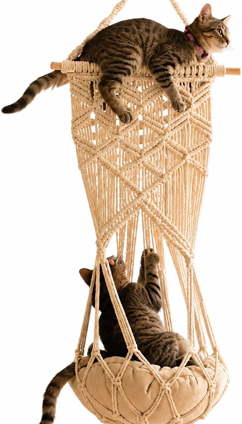 KARCEEY Macrame Cat Hammock Hanging Bed - Boho Wall Swing with Catnip Cushion for Wall Climber & Window Perch - Hardware