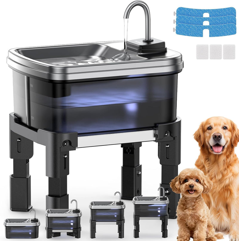 9L/2.38Gal Dog Water Fountain Elevated with 4-Height Adjustable Stand, FeelNeedy Large Pet Water Dispenser with Durable