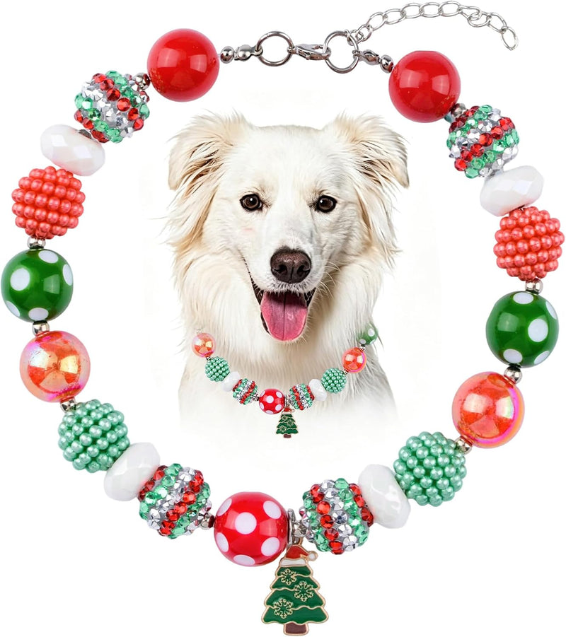 Christmas Dog Necklace with Tree Pendant,Red Green Beaded Jewelry