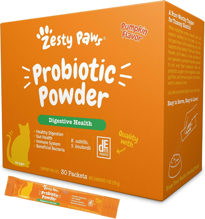 Zesty Paws Cat Probiotic Powder - Meal Topper for Cats, Pumpkin, 30 Ct