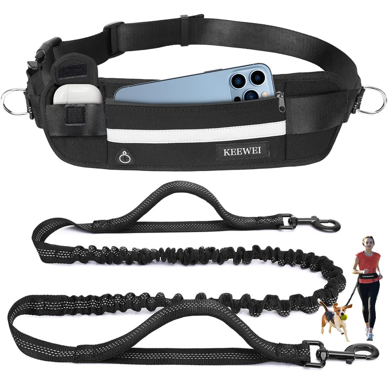 KEEWEI Hands Free Dog Leash with Zipper Pouch, Dual Handle Retractable Reflective Heavy Duty Bungee Leash for Small & Medium Dog Running Walking Jogging Training Hiking, Black