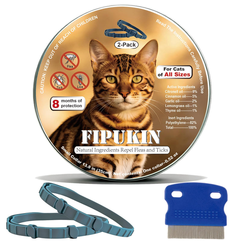 Fipukin Natural Ingredients Flea Repellent Collar for Cats, Safe and Effective Flea and Tick Repellent, Waterproof, 8 Months Protection per Collar, Free Comb, One Size Fits All, 13.8 Inches, 2-Pack