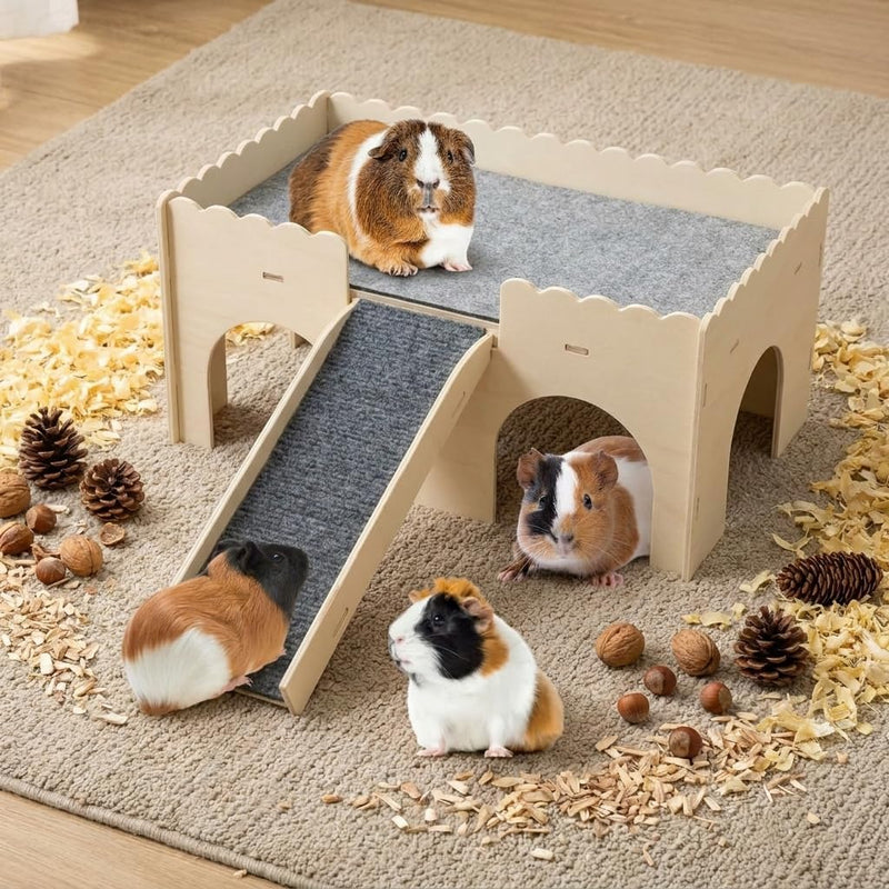 Detachable 2-Story Wooden Guinea Pig Castle with Ramp & Fleece Mat, Small Animal Hideout House for Guinea Pigs, Hamsters