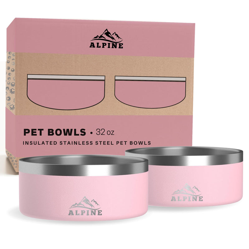 Alpine Set of 2 Stainless Steel Dog Bowls, Non Slip, Metal Pet Bowl for Food and Water, Double Walled Insulated, Rustproof, Dishwasher Safe- 32 Ounces- Pink (AB)