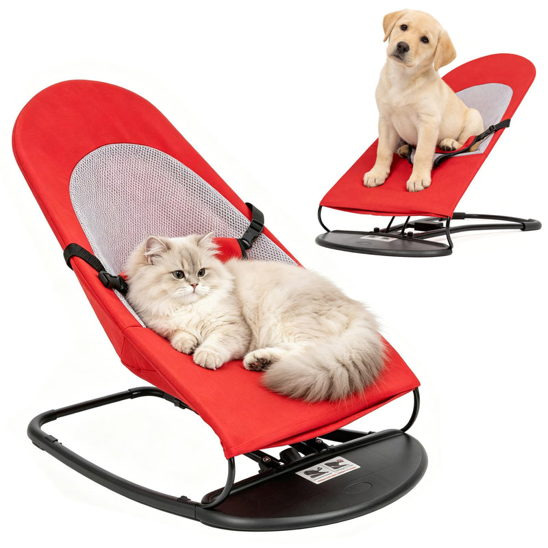 Peakora Cat Dog Rocking Chair Pet Rocking Chair for Small Dogs & Cats, Portable Foldable Pet Bed w/ 3-Level Adjustable Height, Breathable Mesh Cover, No Assembly Required (Red)