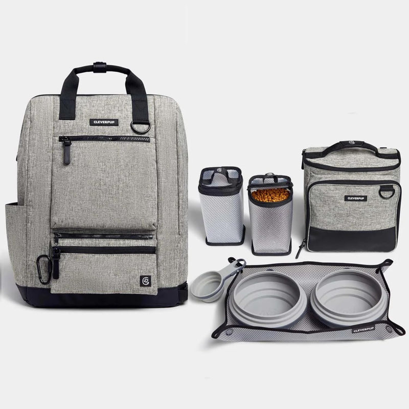 Cleverpup Ultimate Dog Travel Bundle Large 7-piece Bistro Box & Porter Dog Gear Backpack in Heather Grey