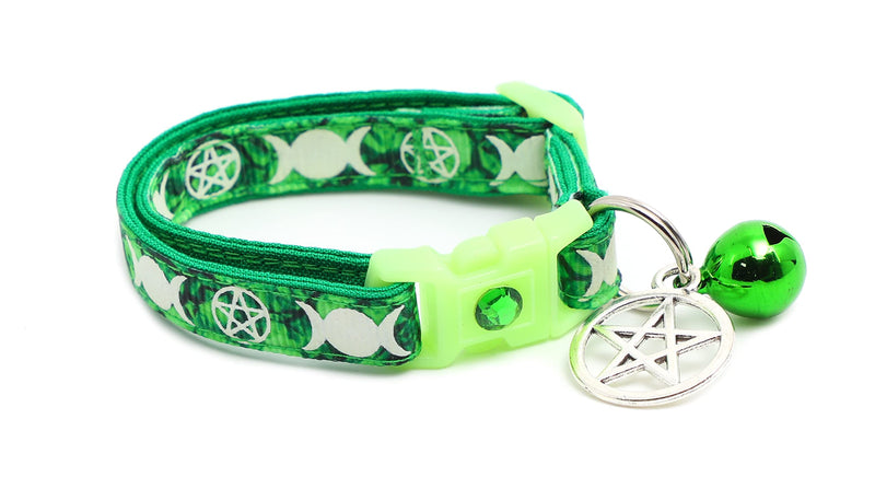 Pugs to Persians Wicca Cat Collar with Occult Charm & Bell | Witch's Familiar Cat Collar | Witch Kitten Collar Charms | Glow in The Dark | Safety Breakaway Collar (Small(10lbs & Less), Emerald)