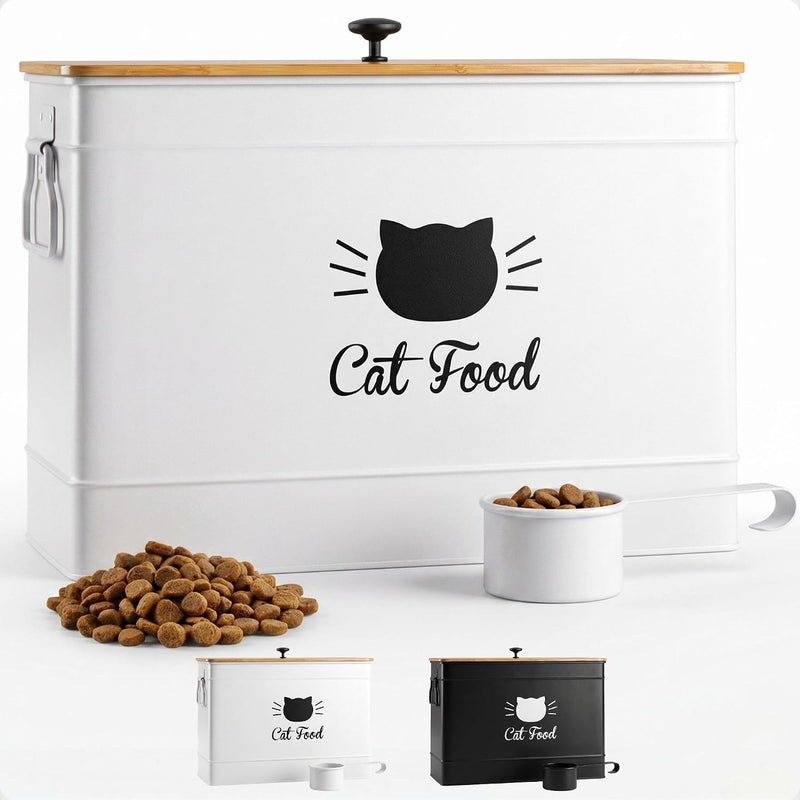 Metal Cat Food Container with Scoop, 15lb (50 Cup) w/ Airtight Bamboo Lid
