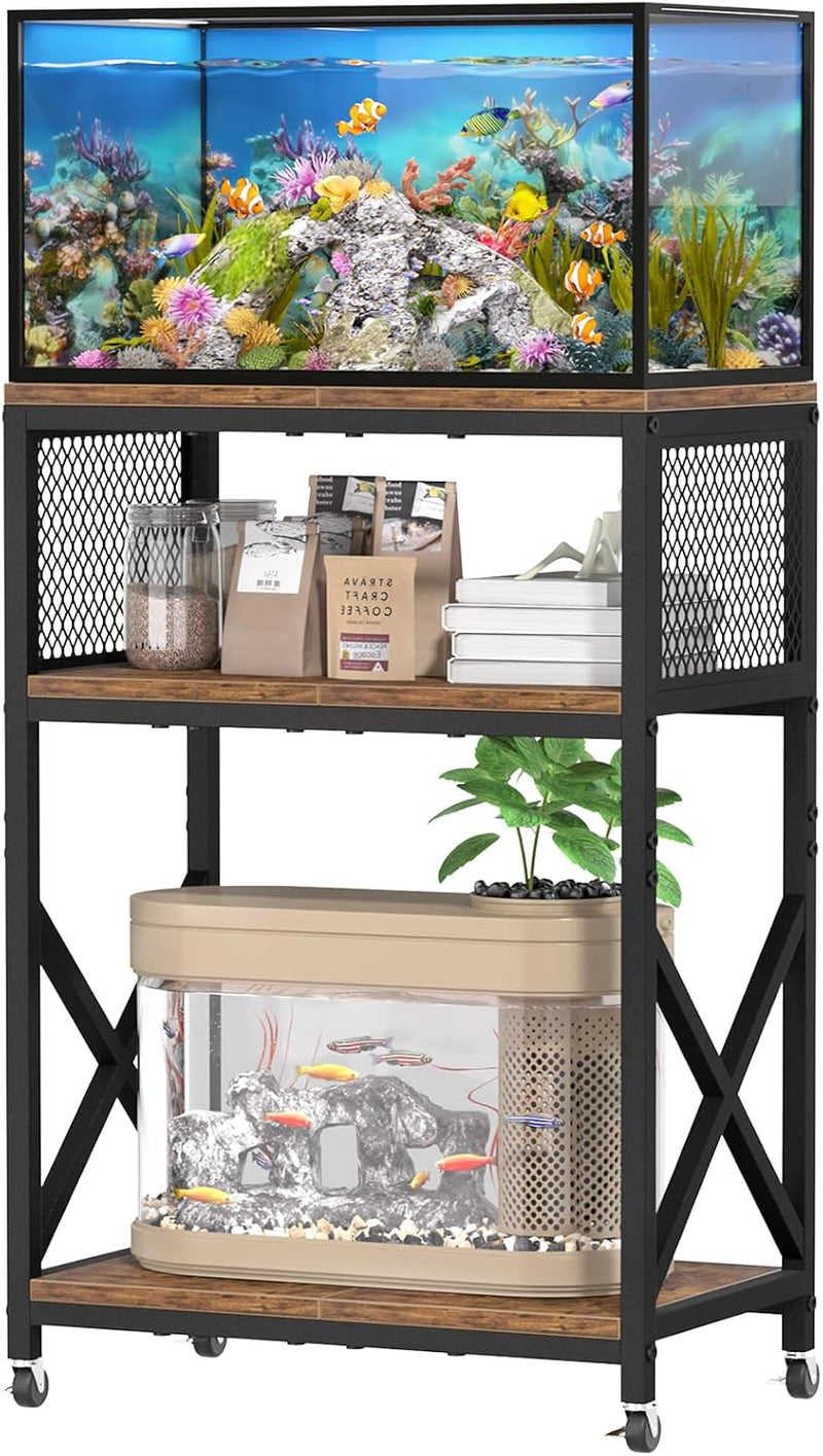 10 Gallon Aquarium Stand, 3-Tier Fish Tank Stand with Wheels, Heavy Duty Metal Frame with Mesh Side Panels and X-Brace,