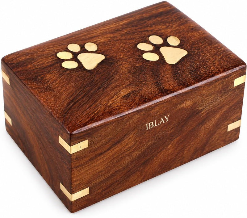 IBLAY Sheesham Wood Pet Urn Box for Dogs & Cats, Wooden Pet Memorial Keepsake Box with Paw Inlay, 75 Cu. in. Capacity, 7