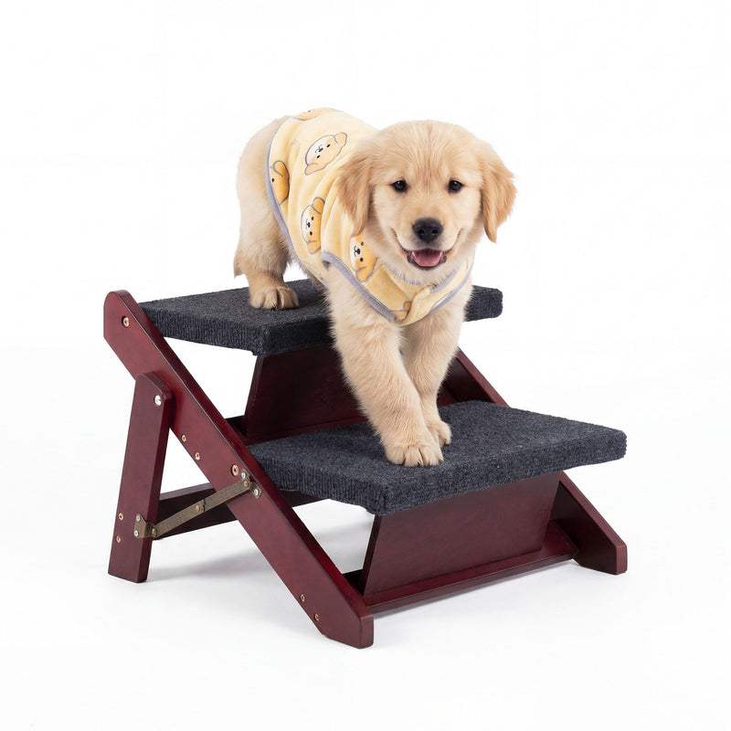 MEWANG Wooden Pet Stairs/Pet Steps - 2-in-1 Foldable Stairs & Ramp for Beds and Cars - Portable Dog/Cat Ladder Up to 110 Pounds - Great for Small and Older Animals(Brown) (17.3