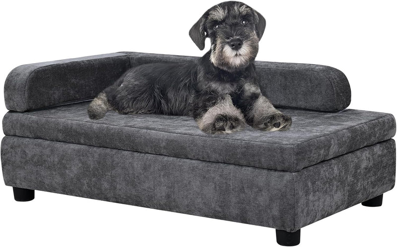 Pet Sofa with Hidden Storage for Puppy and Cat,Linen Fabric Dog Sofa,Cat Couch with Wooden Frame