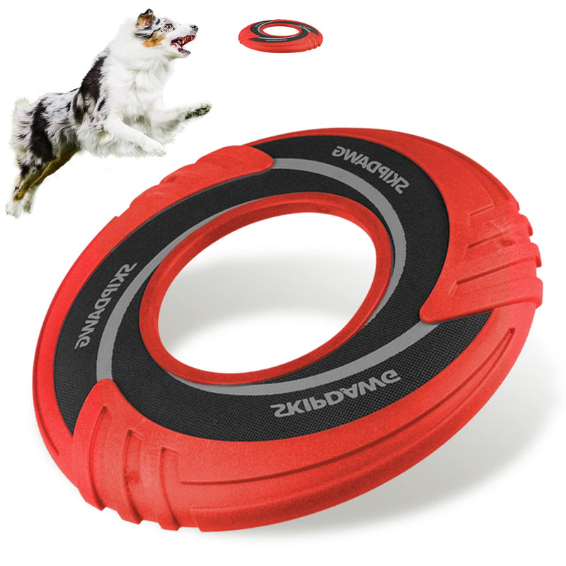 SKIPDAWG Interactive Dog Tug Toy, Dog Flying Disc Floats in Water to Keep Them Busy, Outdoor Pet Toys for Dogs Exercise Training Safe Light TPR/Nylon Fabric, Diameter 9 Inch Red Color