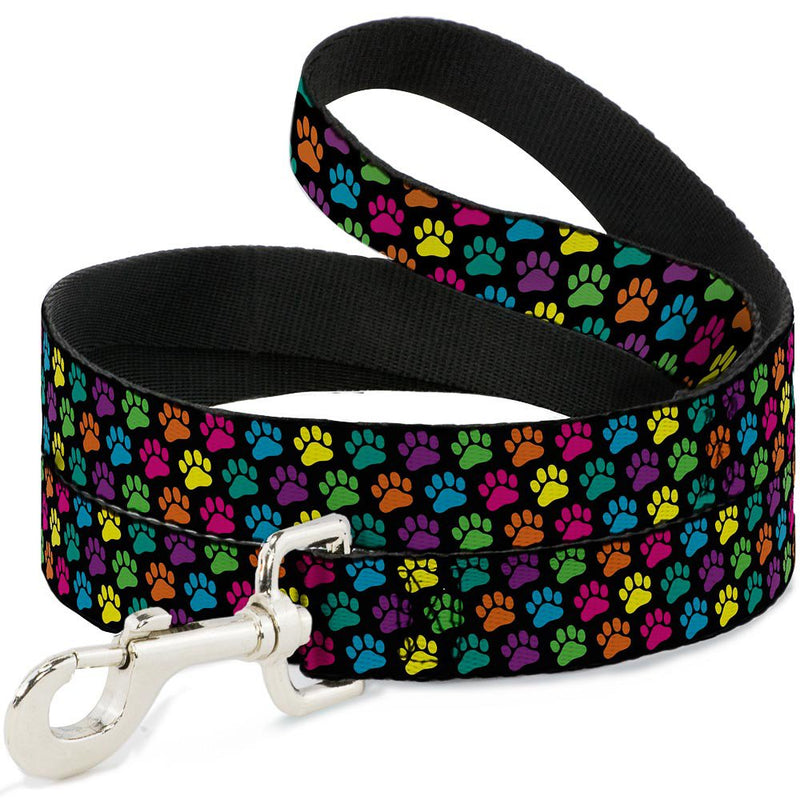 Buckle-Down Pet Leash - Paw Print Black/Multi Color - 4 Feet Long - 1.5