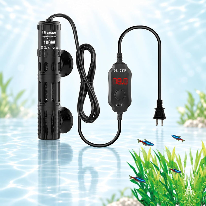 100W Aquarium Heater for 10-20 Gal Tanks with External LED Temp Controller