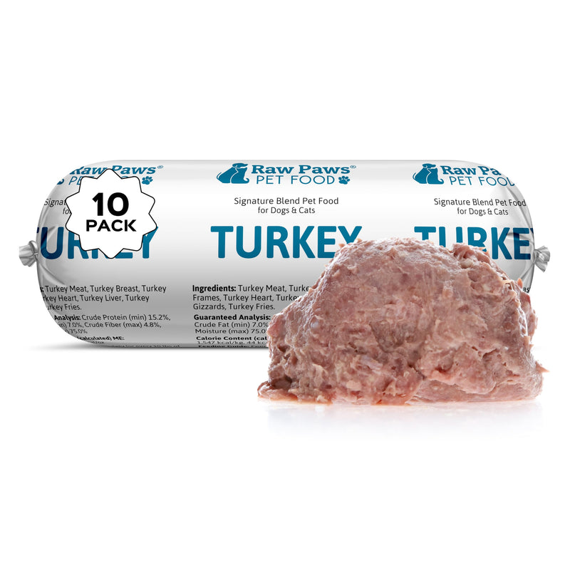 Raw Paws Signature Blend Pet Food for Dogs & Cats - Turkey Recipe, 1-lb Rolls (10-Count) - Made in USA Frozen Turkey Roll Dog Food - Refrigerated Log Dog Food - Raw Frozen Food for Dogs