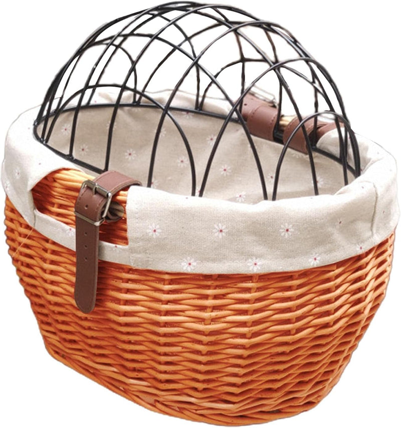 Bike Pet Basket, Wicker Bike Basket for Small Dogs Cats Pet Carrier Front Basket with Wire Mesh Cover and Lid, Wicker Bi
