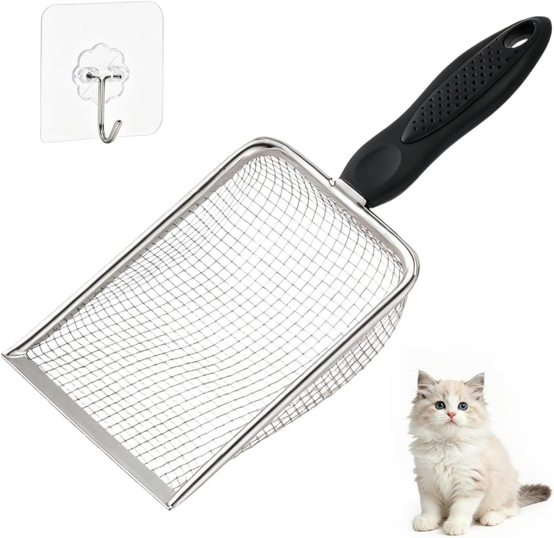 Stainless Steel Metal Cat Litter Scoop with 3.8mm Mesh, Sticky Hang Hook
