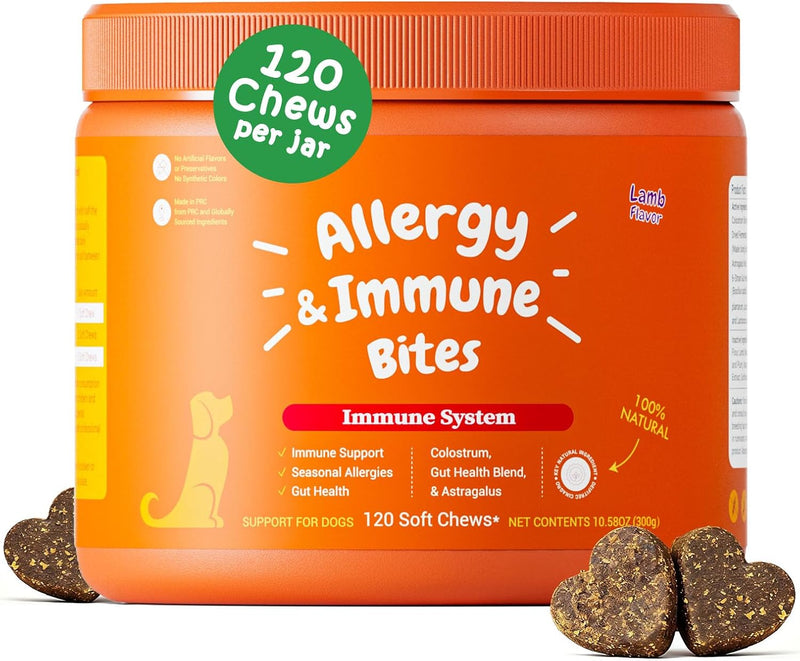 Multi-Symptom Dog Allergy Relief Chews with Probiotics - Soothe Itching, Ears, Paws - Lamb Flavored, 120ct