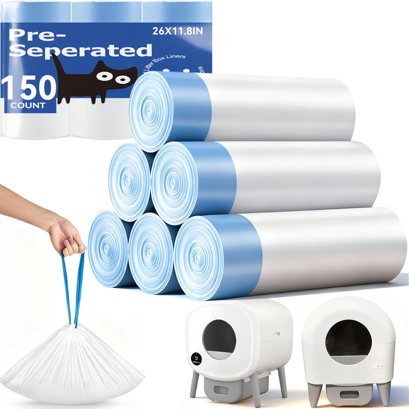 150 Count Automatic Cat Litter Box Bags Compatible with Cmg Fmo Fstg Robot Litter box, Pre-Seperated Thick Self-Cleaning Cat Litter Box Replacement Liners with Drawstring Heavy Duty-26
