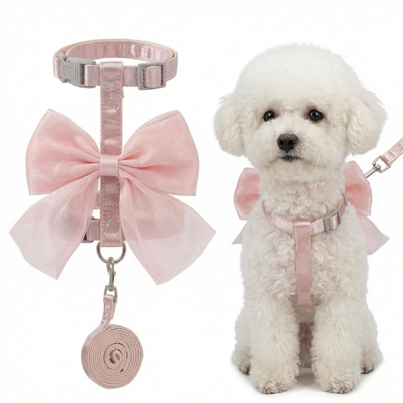 Pink Leash and Bow H-Shaped Design Harness for Small Cats Dogs, Proof Soft Adjustable Vest Easy Control Breathable Harnesses for Small Cats Dogs (M 8-15LBS)
