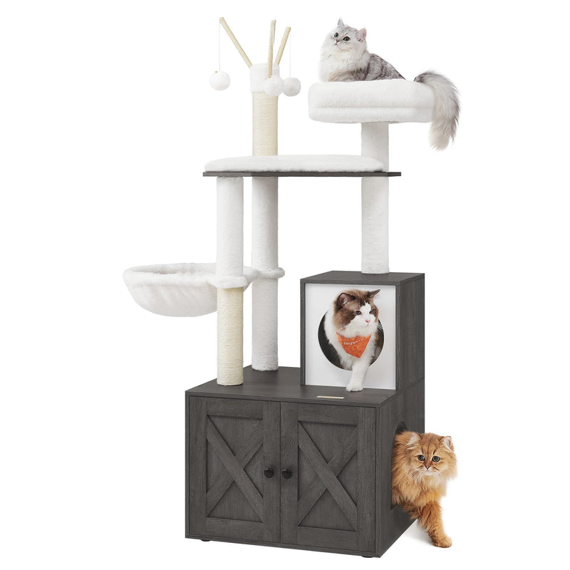 Feandrea Cat Tree with Litter Box Enclosure, 59-Inch Modern Cat Tower, 2-in-1 Condo with Scratching Posts, Washable Removable Cushion, Misty Gray UPCT113G02