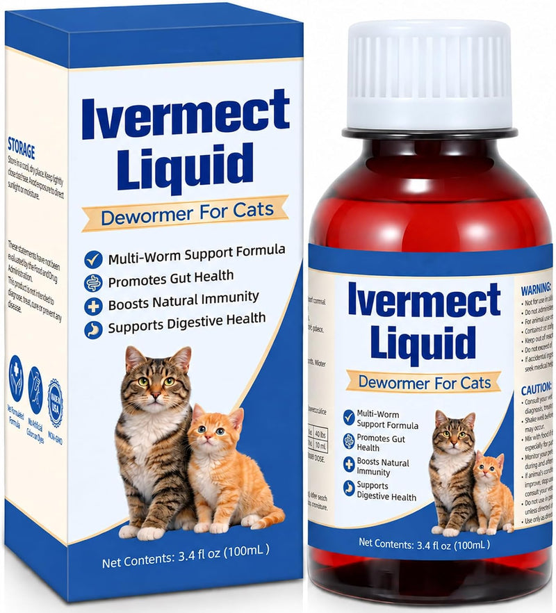 Dewormer for Cats, Broad Spectrum Digestive Support, Removal of Hookworms, Lungworms, Pinworms, Roundworms, 100mL