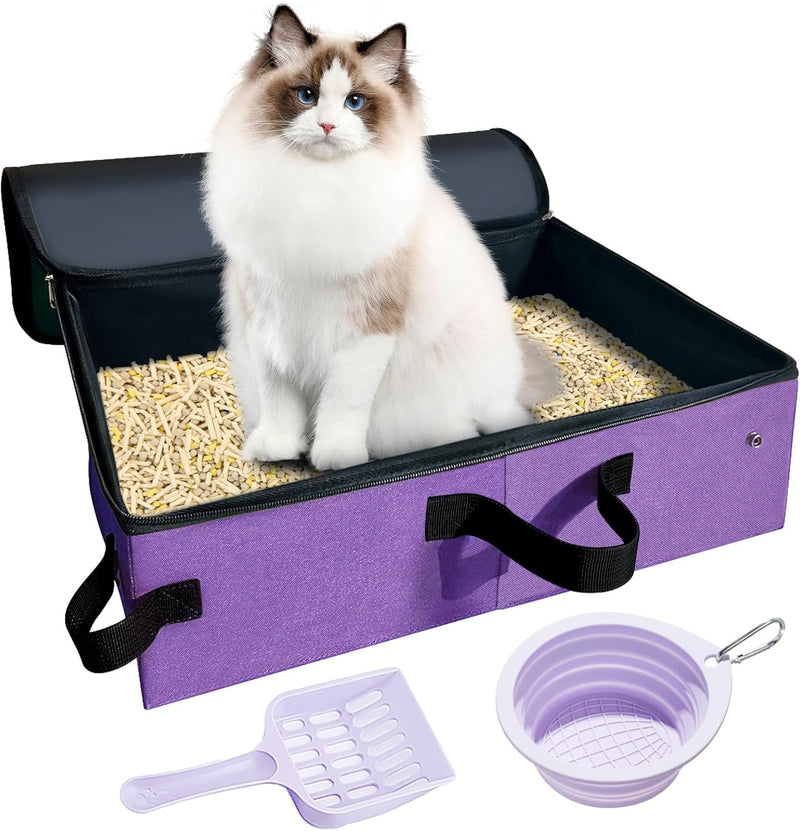 Large Portable Cat Travel Litter Box with Lid,Silicone Folding Bowl & Little Scooper, Leak-Proof and Foldable Travel Cat