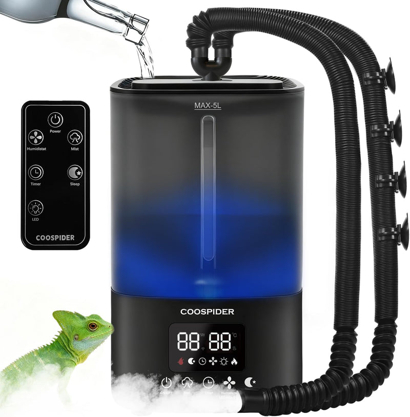 Coospider Reptile Fogger Humidifier, Automatic Humidifiers for Reptiles Tank, Terrarium Humidifiers with Dual Hose Timer