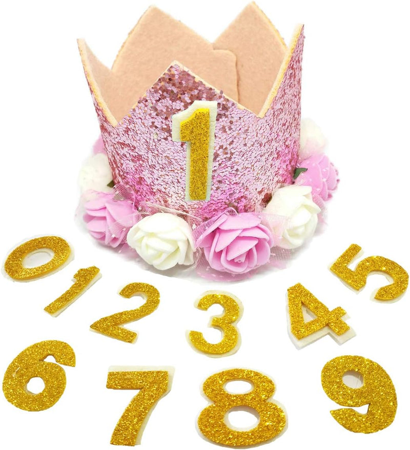 PET SHOW Pink Crown Dog Birthday Party Hat for Girls Reusable Birthday Party Cat Kitten Headband with 0-9 Figures Charms