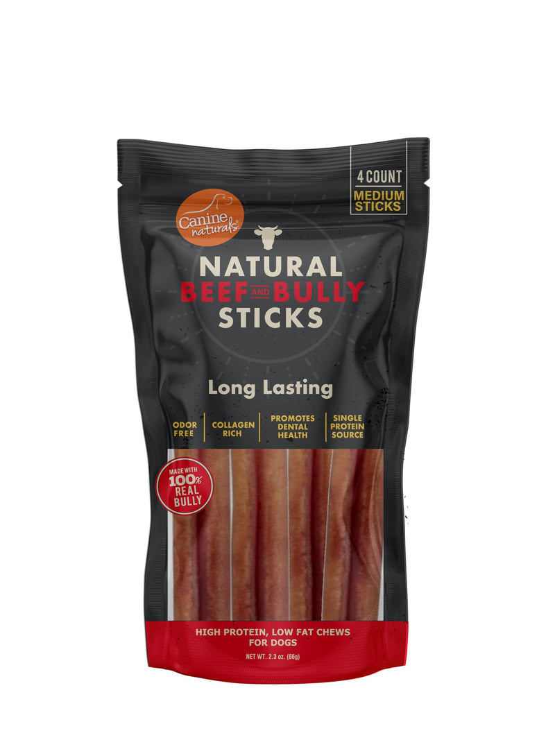 Canine Naturals | Natural Beef & Bully Sticks | Long-Lasting, Odor Free, High Protein Chews Made with 100% Real Bully | 4 Count Medium Sticks