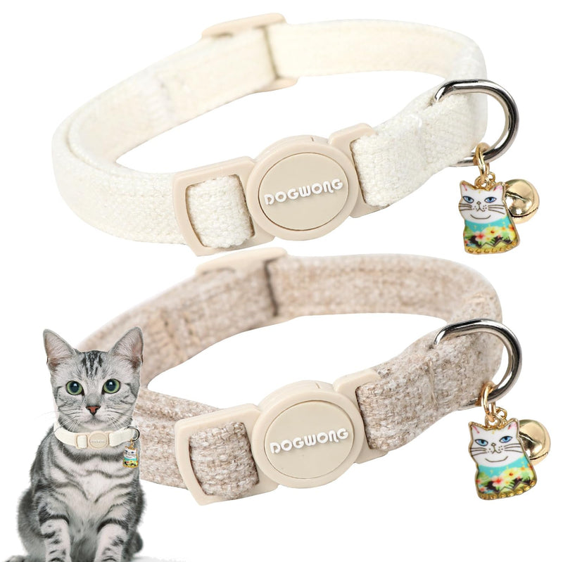 Cat Collar,2 Pack White Hemp Cat Collars Breakaway with Bell, DOGWONG Safety Buckle Wedding Cat Collar for Girl Boy Cats and Small Dogs,Adjustable 7-12 Inch,Pet Supplies Accessories