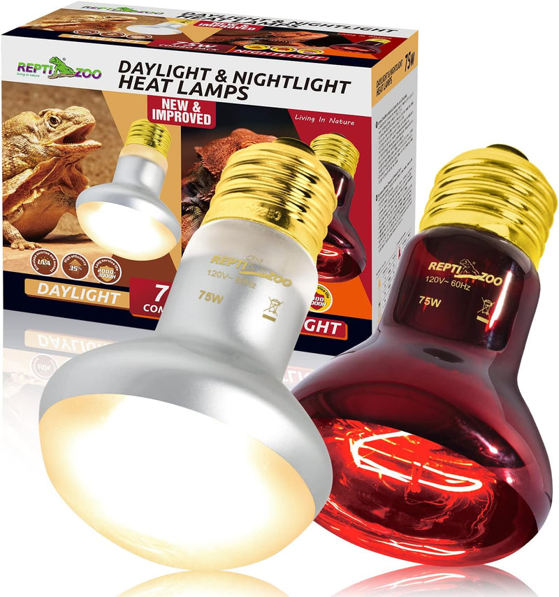 REPTI ZOO 75W Reptile Heat Lamp Bulb, 2PCS Day & Night Basking Spot Light Combo Pack Includes Infrared Heat Lamp and UVA