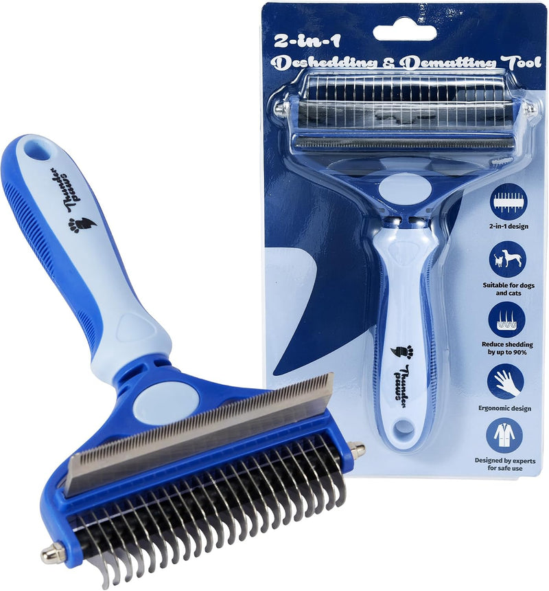 2-in-1 Deshedding Brush and Dematting Rake - Double Coat Undercoat Grooming Tool for Dogs and Cats, Reduces Shedding by