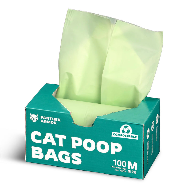 Panther Armor Compostable Cat Litter Bags for Poop - 100x Unscented Pet Waste, 13x9in Leak Proof Kitty Litter Disposal - Odor Proof, Easy Open Dispenser Box of Cat Poop