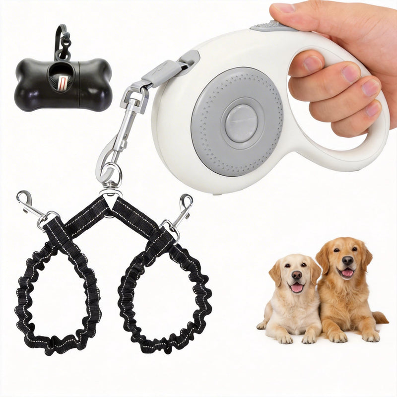 Small Breed Dual Retractable Dog Leash (Up to 44 Lbs Each) One-Button Break and Lock, Non-Slip Grip, Double-Headed, 16-Foot Extendable Pet Leash with Poop Bags, and 360° Tangle-Free (Gray, Medium)