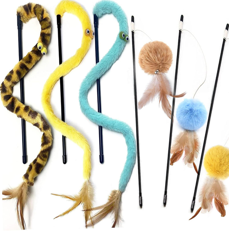 AZOFFYIU Cat Toys for Indoor Toys,Rainbow Cat Wand Toys,Feather Flips Plush Ball Cat Toys,Interactive Feather Toy for Teaser Play and Chase Exercise with Kitten 6 Pack