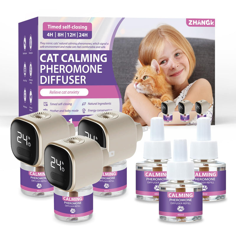 Cat Calming Diffuser Kit with Timer And Memory Adjustable 4/8/12/24H Cat Pheromone Diffuser 3-Pack (48ml Each) Helps Reduce Stress, Spraying, Fighting, Excessive Meowing & Scratching Fits All Cats