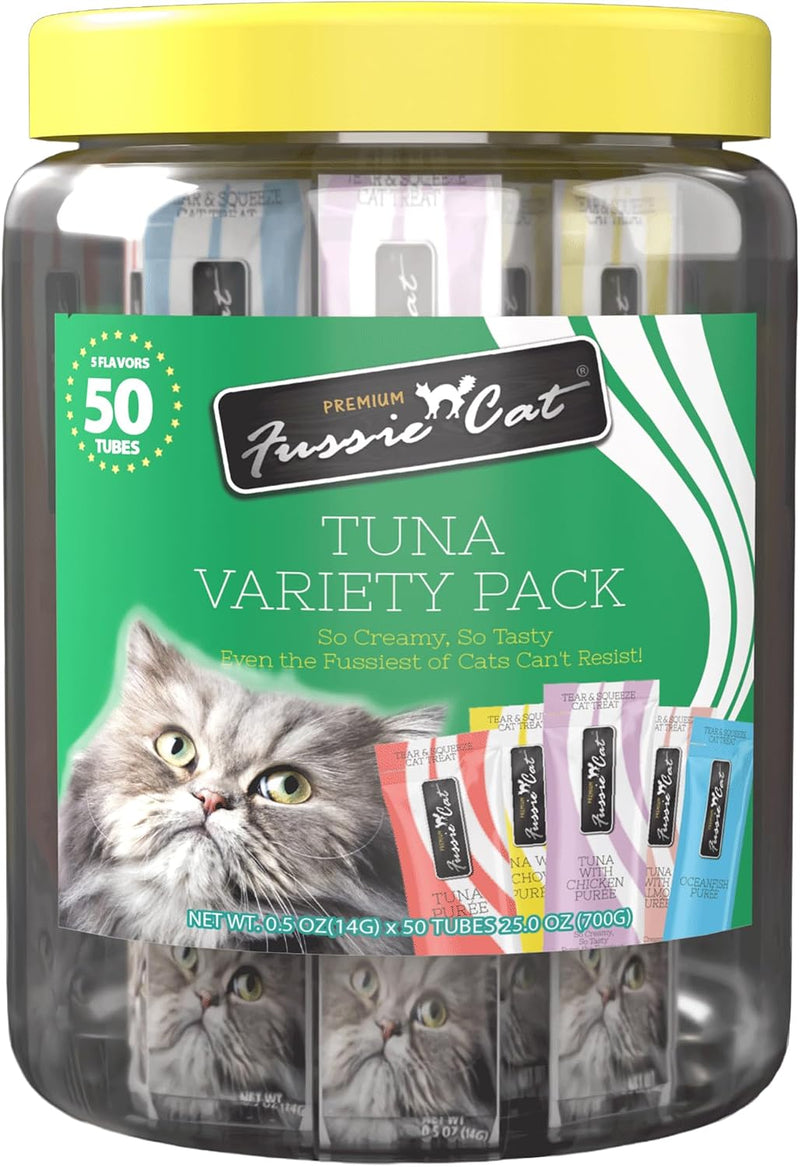 Fussie Cat, 0.5 Ounces Each, 50 Tubes, Tuna Variety 5 Flavors